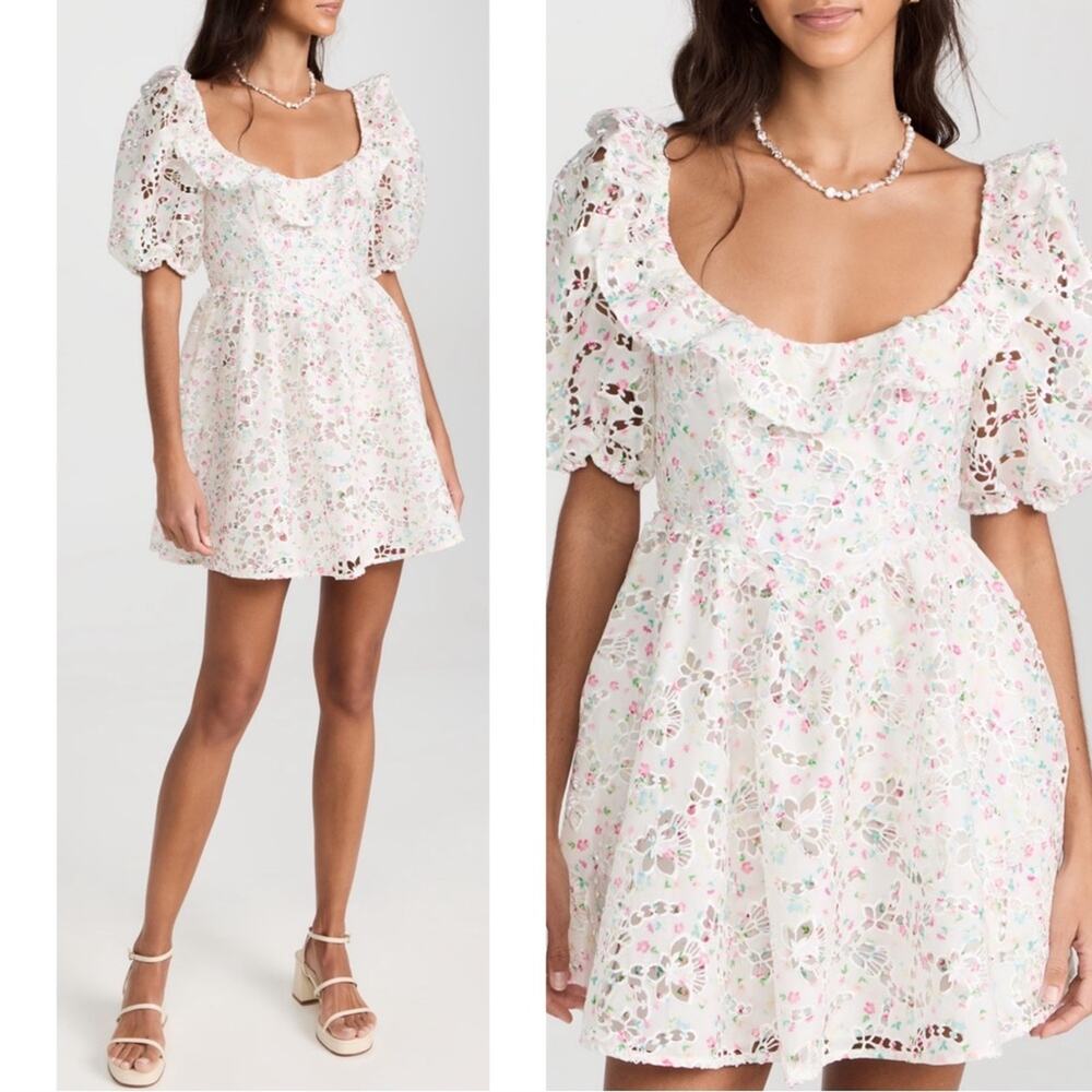 FOR LOVE & LEMONS Magnolia Floral Eyelet Ruffle Puff Sleeve Mini Dress Size XS - Picture 2 of 10